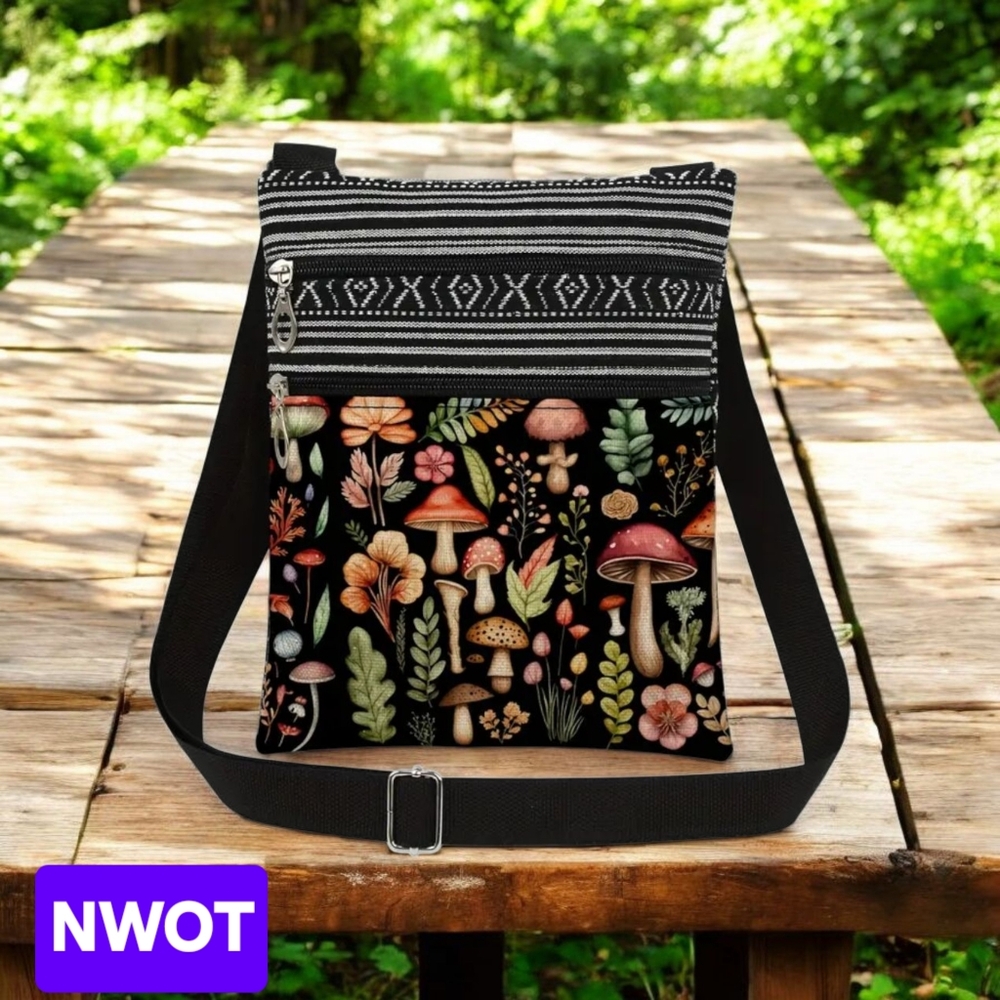 Black Mushroom & Floral Crossbody Bag with Adjustable Strap